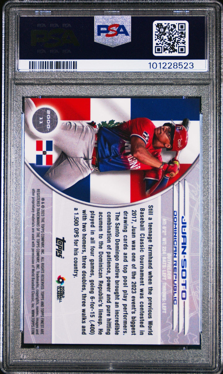 Graded 2023 Topps Finest Juan Soto #11 '00 Gold Mini /50 Baseball Card PSA 10