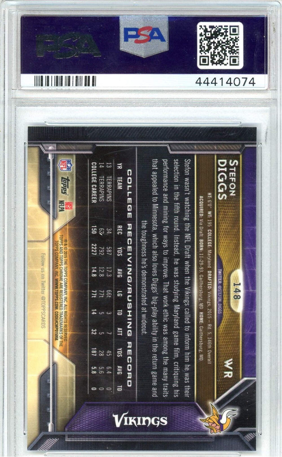 Graded 2015 Topps Chrome Stefon Diggs #148 Purple Refractor Football Card PSA 10