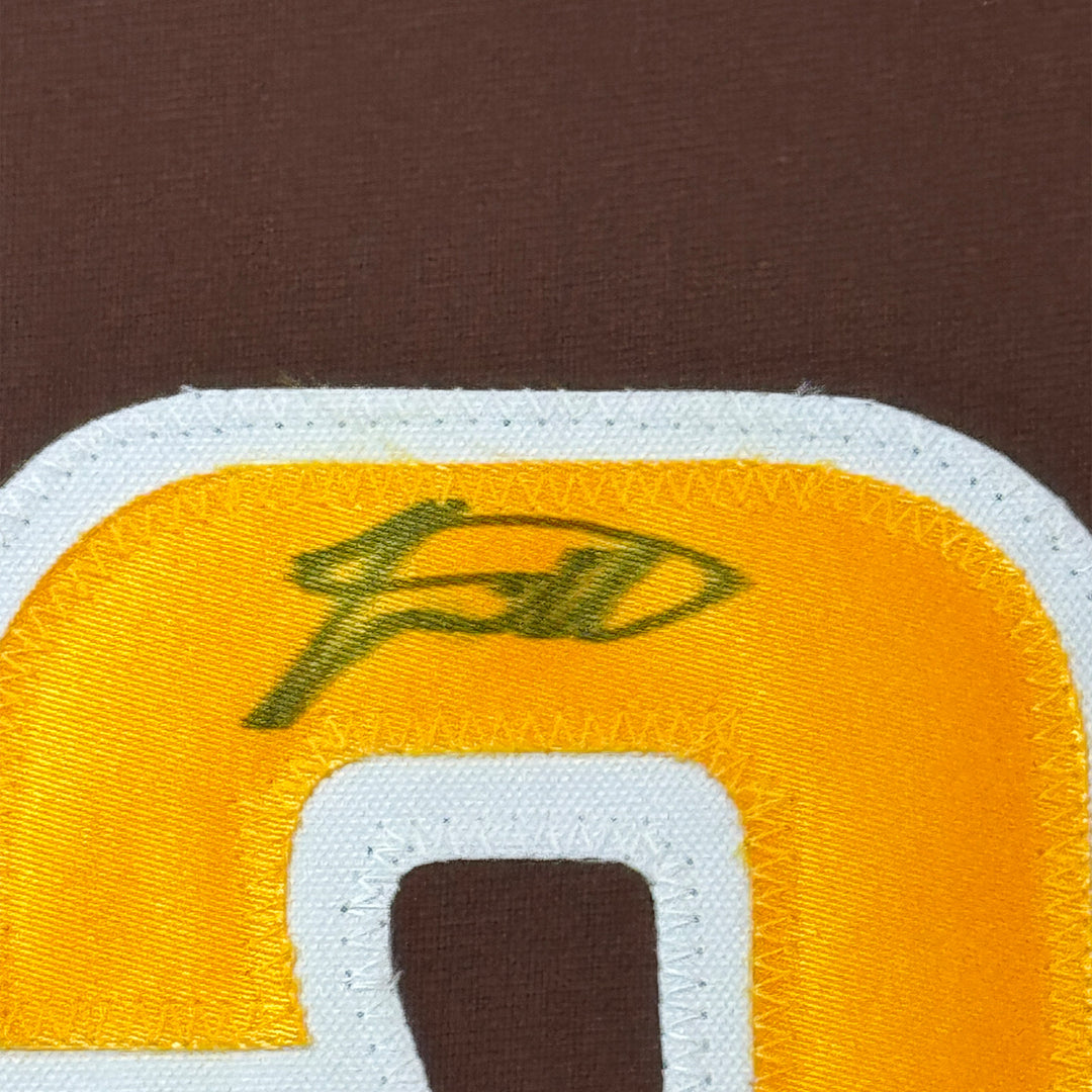 Framed Autographed/Signed Jackson Merrill 35x39 San Diego Brown Jersey BAS COA