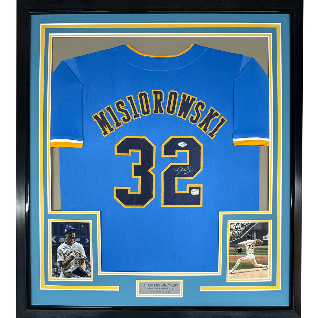 Framed Signed Jacob Misiorowski 35x39 Milwaukee Blue Jersey JSA COA