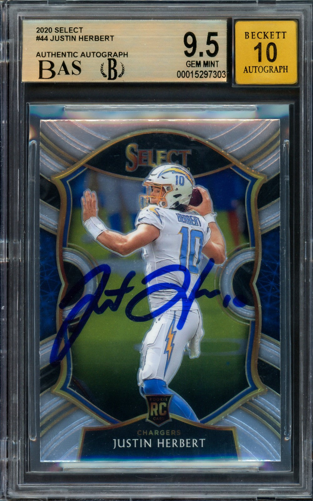Justin Herbert Signed 2020 Select RC 44 Chargers BGS 9.5 Auto GM 10 Beckett
