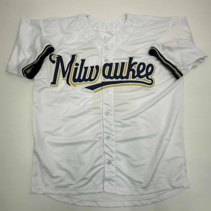 Facsimile Autographed Ryan Braun Milwaukee White Reprint Jersey Size Men's XL