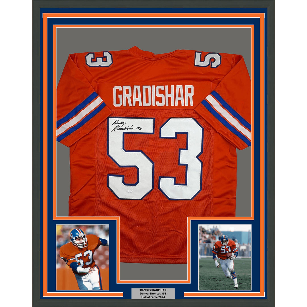 Framed Autographed Randy Gradishar 35x39 Denver Orange Football Jersey JSA COA