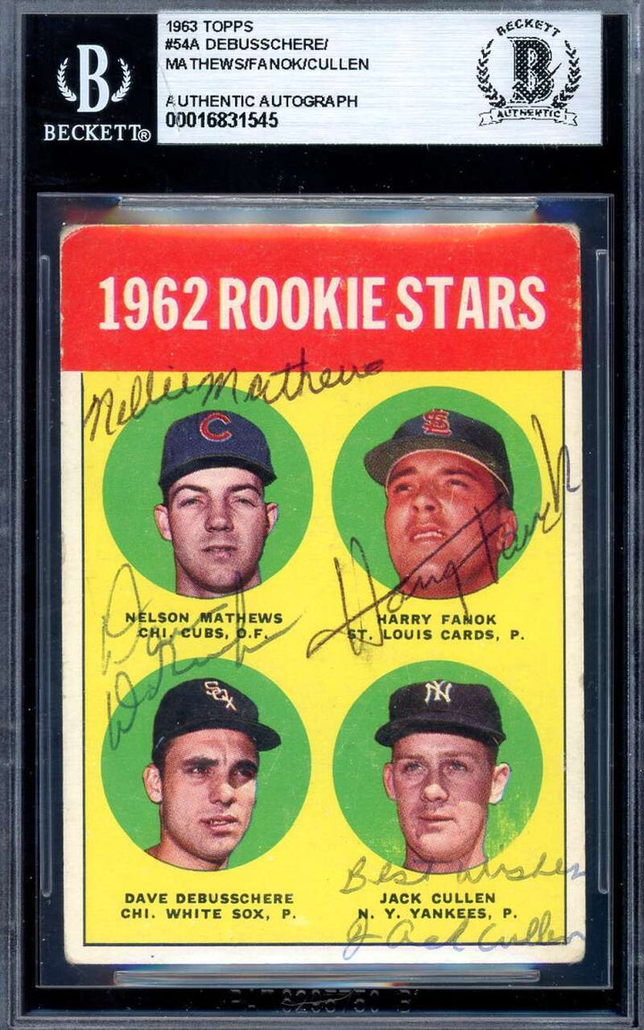 Mathews Fanok Debusschere Cullen Beckett BAS Signed By 4 1963 Topps Rookie Autog