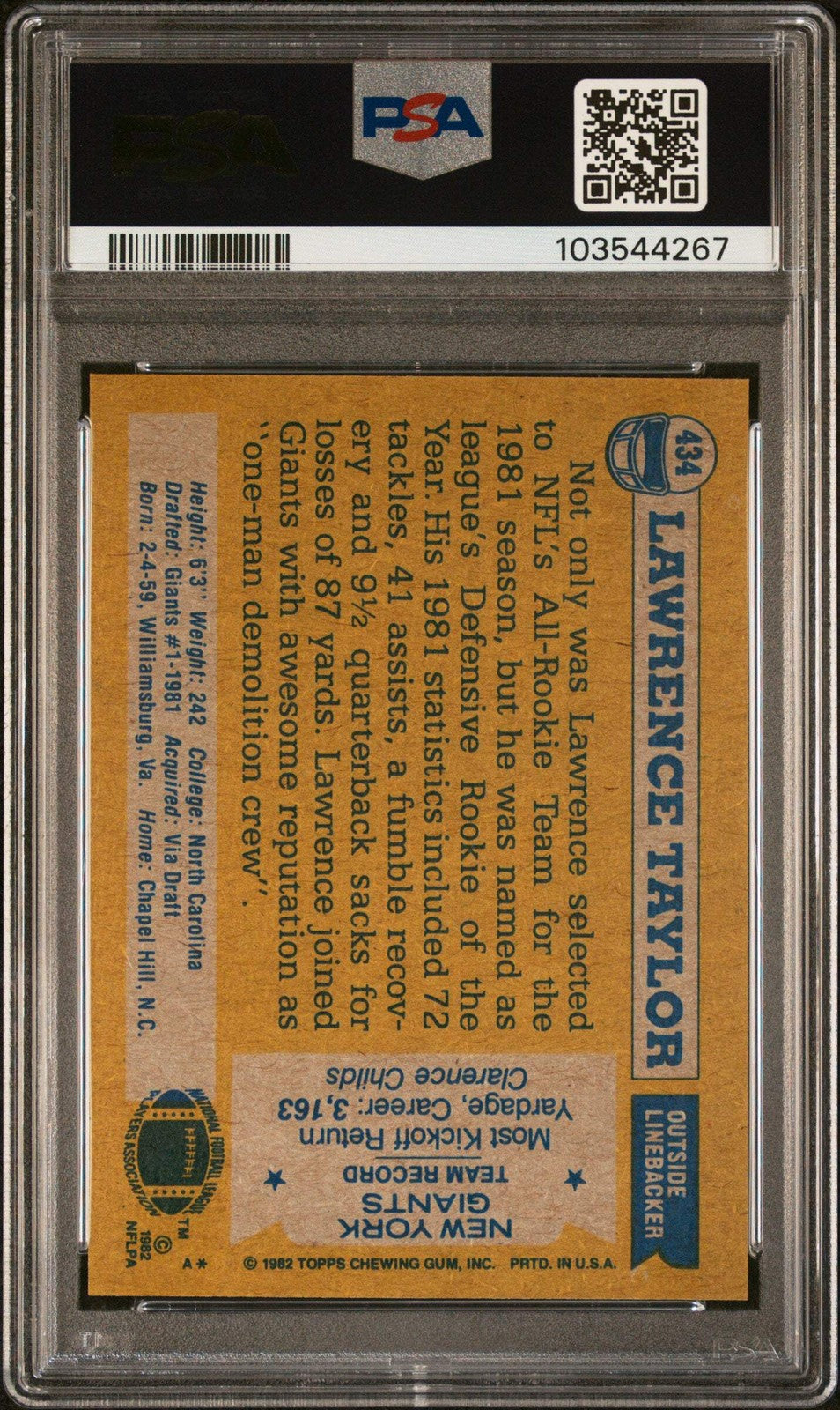 Graded 1982 Topps Lawrence Taylor #434 Rookie RC Football Card PSA 8 Near Mint