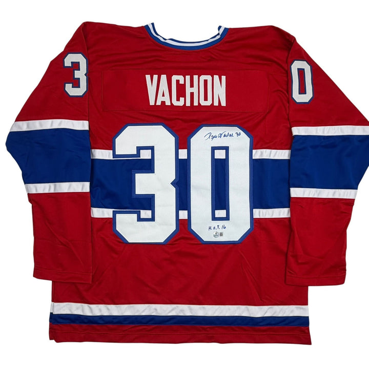 Autographed/Signed Rogie Vachon Montreal Red Hockey Jersey Beckett BAS COA