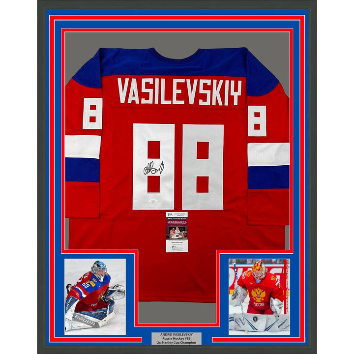 Framed Signed Andrei Vasilevskiy 35x39 Russia Red Jersey JSA COA