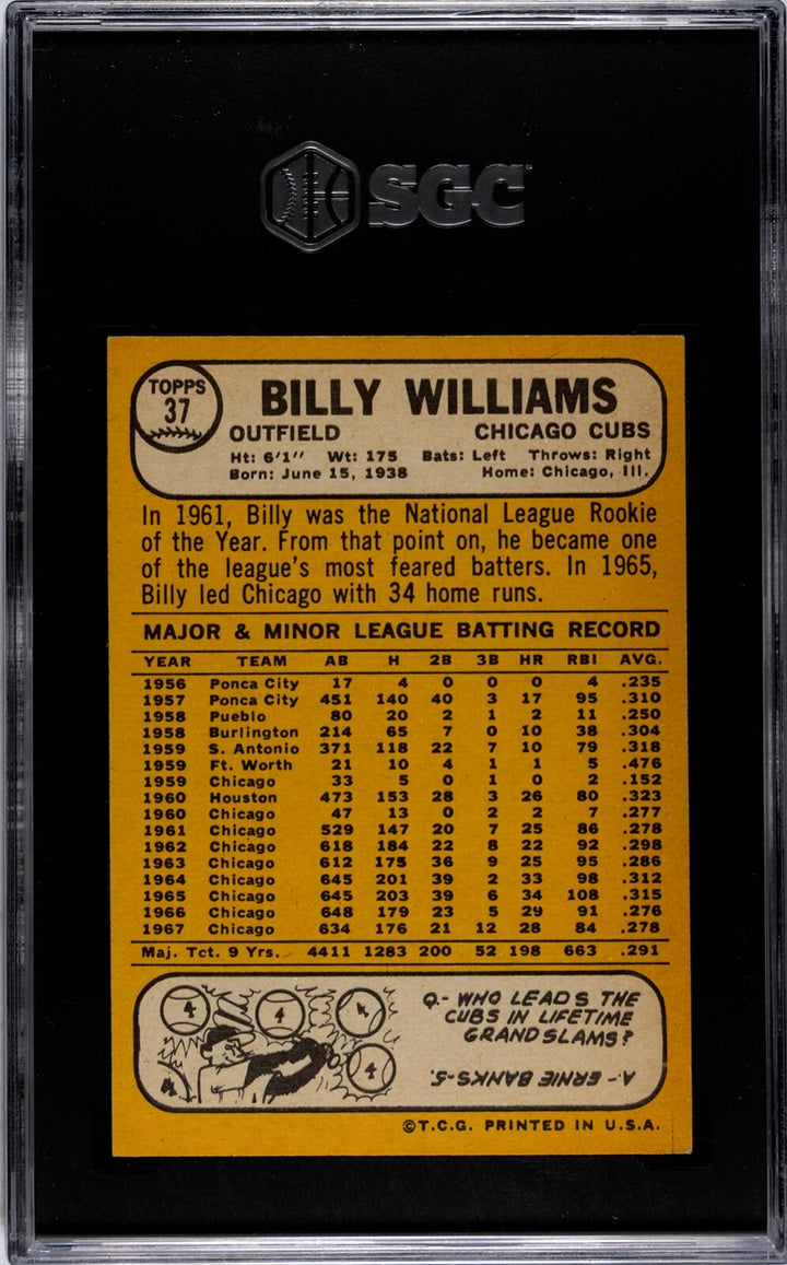 Billy Williams 1968 Topps Baseball Card #37 - SGC Graded 7.5 NM+  (Chicago Cubs)