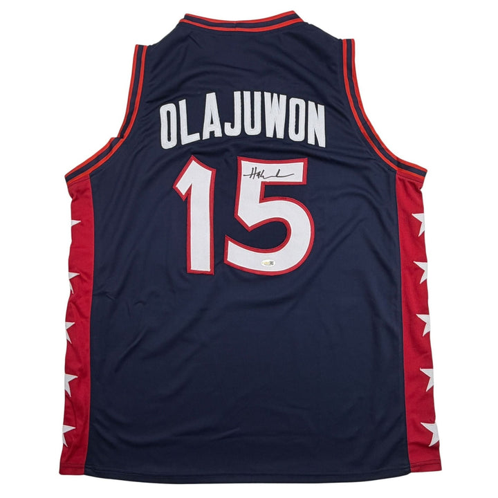 Autographed/Signed Hakeem Olajuwon United States USA Blue Jersey JSA COA