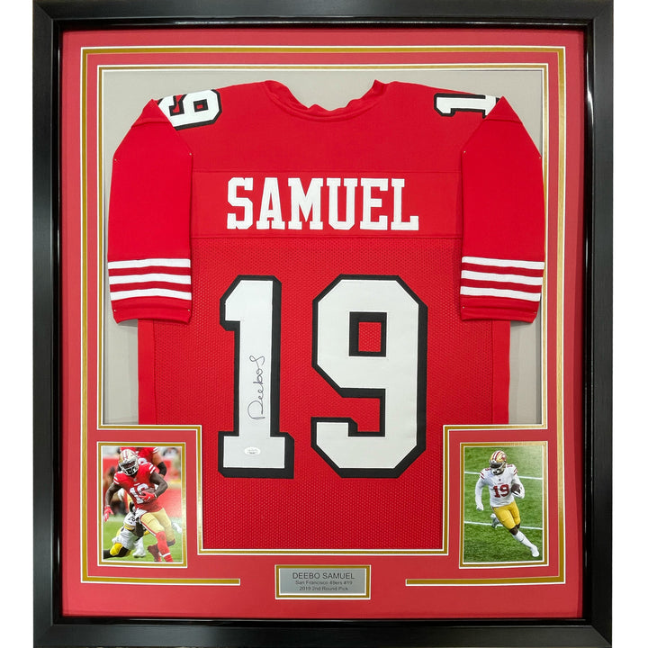 FRAMED Autographed/Signed DEEBO SAMUEL 33x42 Red Alternate Jersey JSA COA