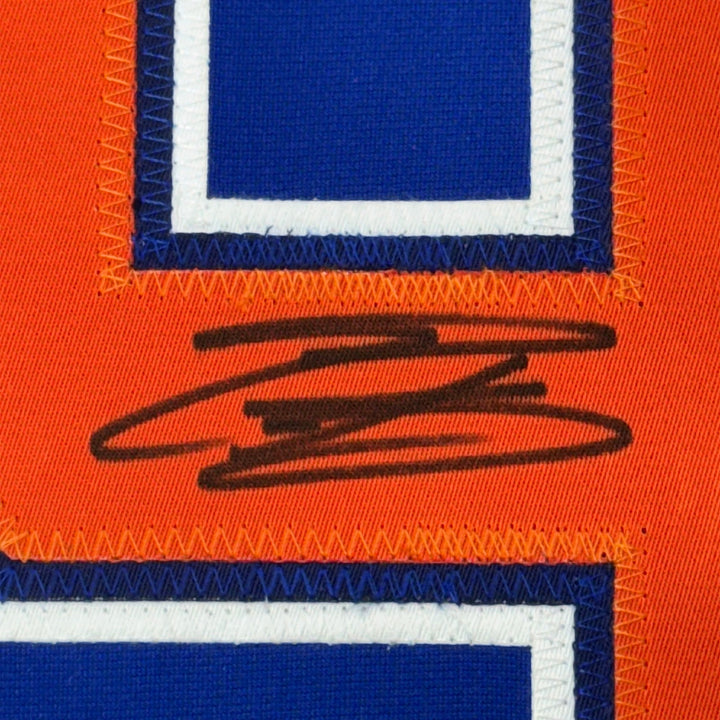 Framed Autographed/Signed Evander Kane 35x39 Edmonton Blue Jersey JSA COA