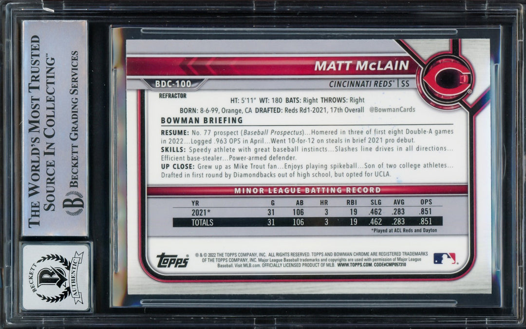 Matt McLain Auto 2022 Bowman Chrome Draft Refractors RC BDC100 Sig 10 Beckett