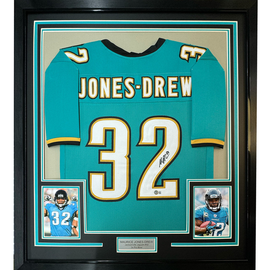 Framed Autographed/Signed Maurice Jones-Drew 35x39 Teal Jersey Beckett BAS COA