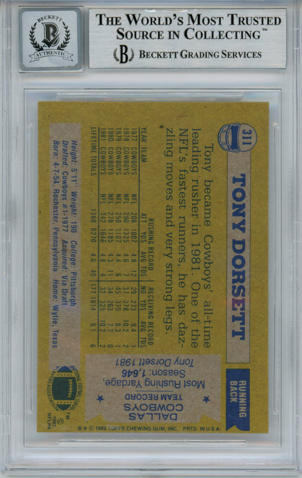 Tony Dorsett Autographed 1982 Topps #311 Trading Card Beckett Slab 34022