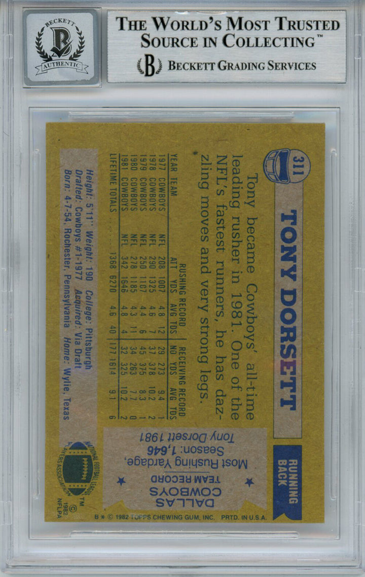 Tony Dorsett Autographed 1982 Topps #311 Trading Card Beckett Slab 34022