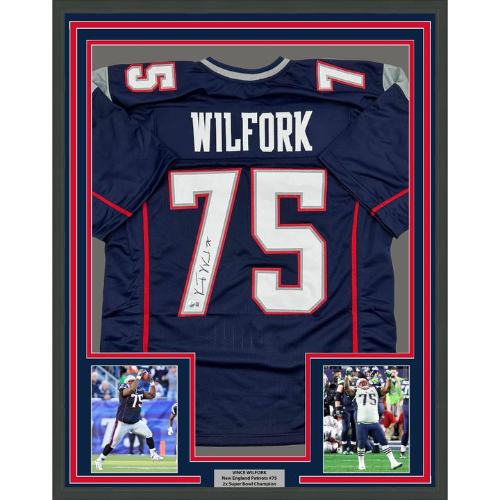 Framed Autographed/Signed Vince Wilfork 35x39 New England Jersey BAS COA