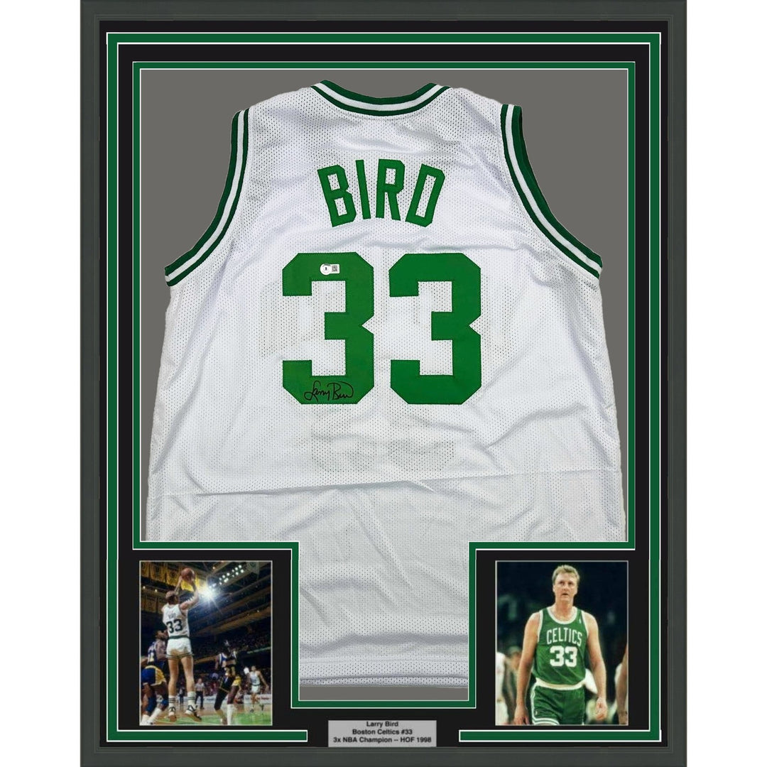 Framed Autographed/Signed Larry Bird 35x39 Boston White Jersey BAS COA