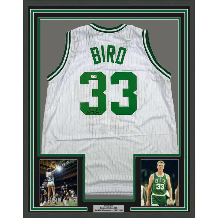Framed Autographed/Signed Larry Bird 35x39 Boston White Jersey BAS COA