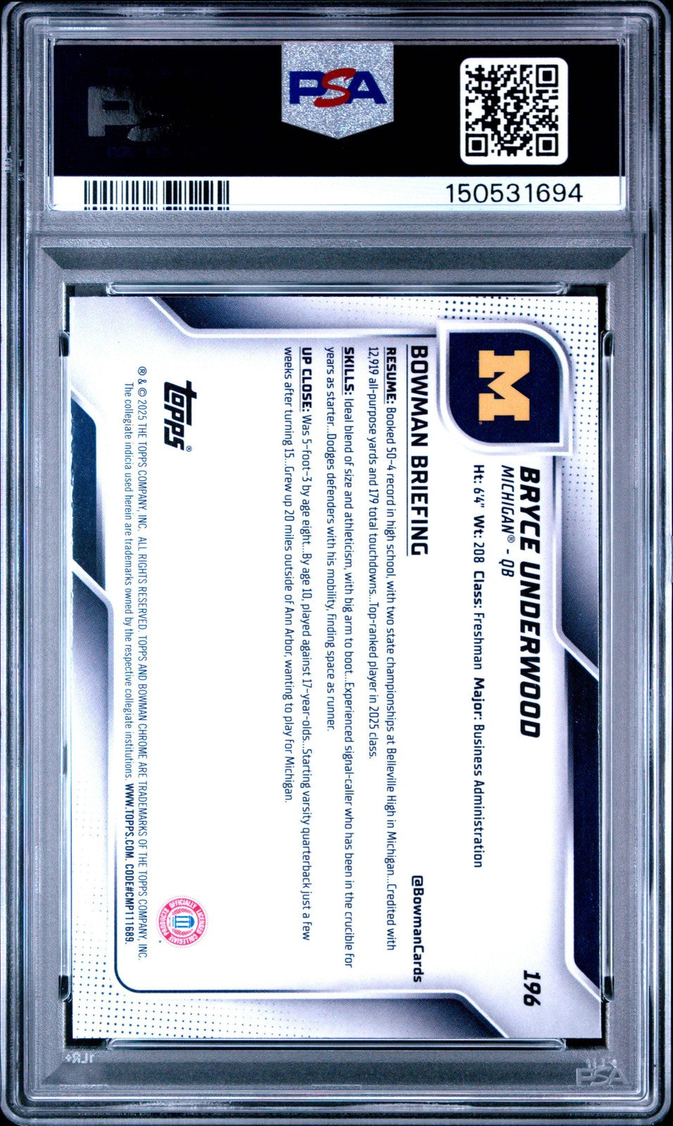 Graded 2025 Topps Bowman U Chrome Bryce Underwood #196 Rookie RC Card PSA 10