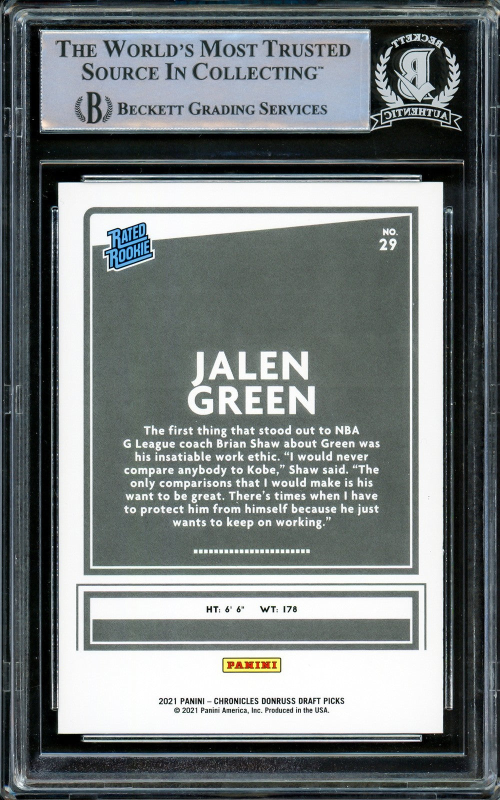 Jalen Green Signed 2021-22 Donruss Rated RC 29 Houston Rockets Beckett