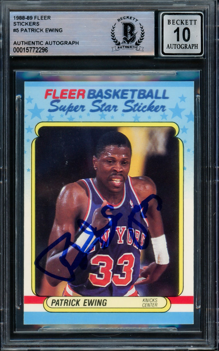 Patrick Ewing Auto Signed 1988-89 Fleer Sticker Card 5 Knicks Auto GM 10 Beckett