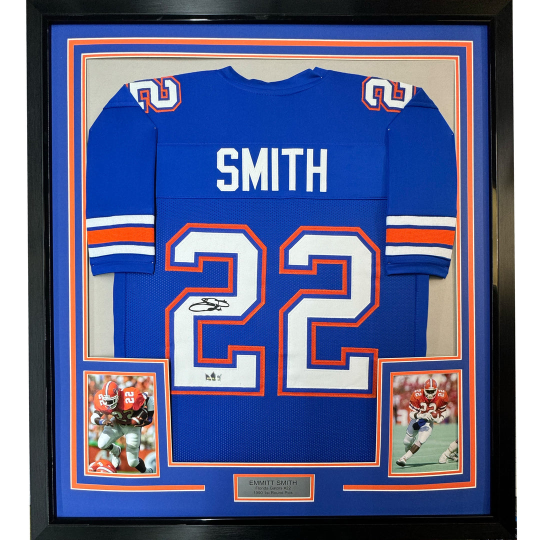 Framed Facsimile Autographed Emmitt Smith 33x42 Blue Reprint Laser Auto Jersey