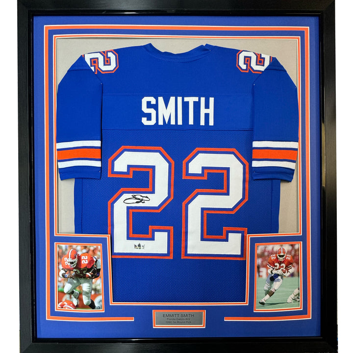 Framed Facsimile Autographed Emmitt Smith 33x42 Blue Reprint Laser Auto Jersey