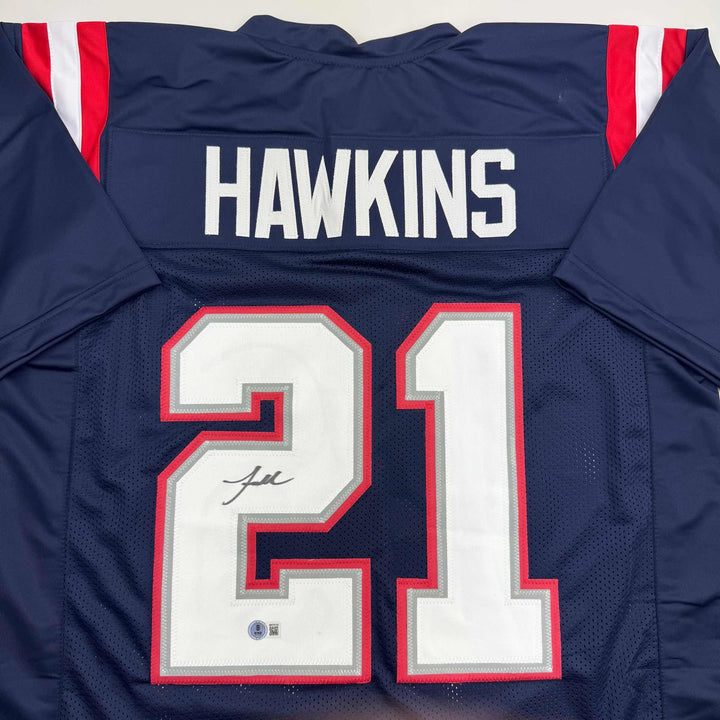 Autographed/Signed Jaylinn Hawkins New England Blue Jersey Beckett BAS COA