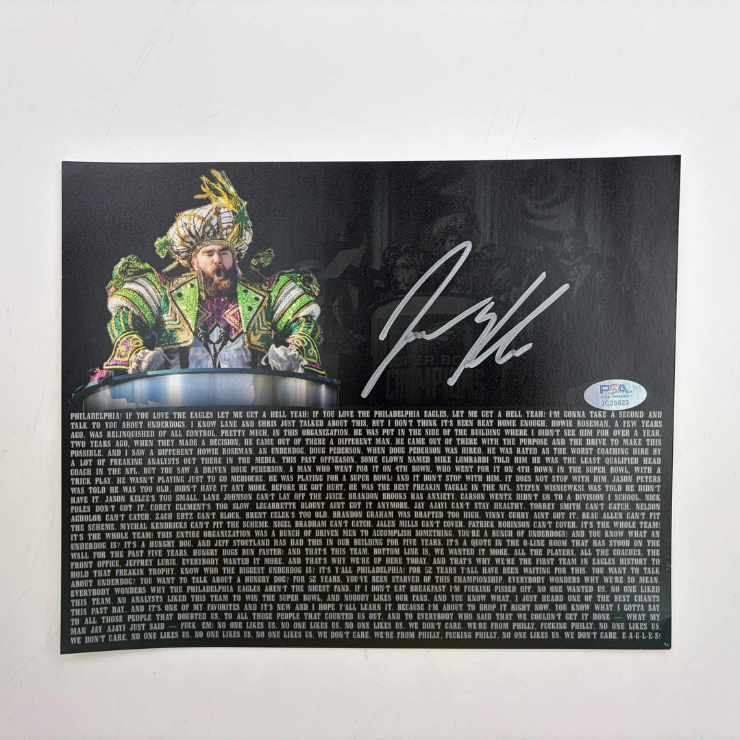 Autographed/Signed Jason Kelce Parade Speech Transcript 8x10 Photo PSA COA