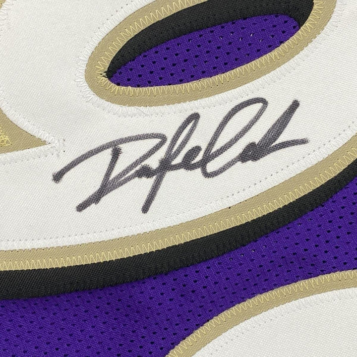 FRAMED Autographed/Signed ODAFE OWEH 35x39 Purple Football Jersey JSA COA