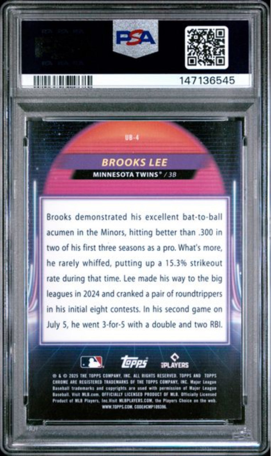 Graded 2025 Topps Cosmic Chrome Brooks Lee #4 Ultraviolet Beam RC Card PSA 10