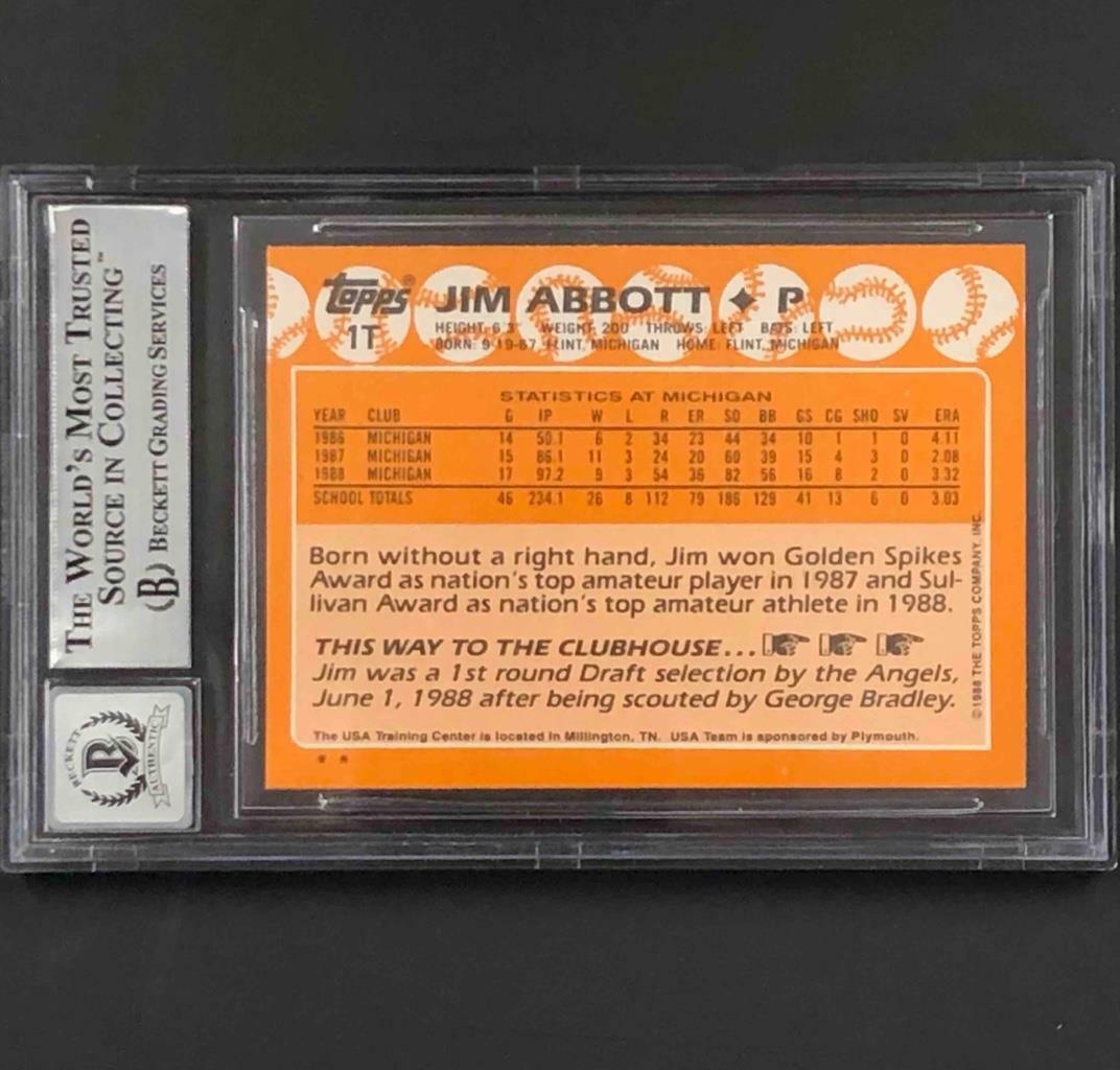 Jim Abbott autograph signed 1988 Topps Traded RC USA rookie card BAS BGS 10 Auto