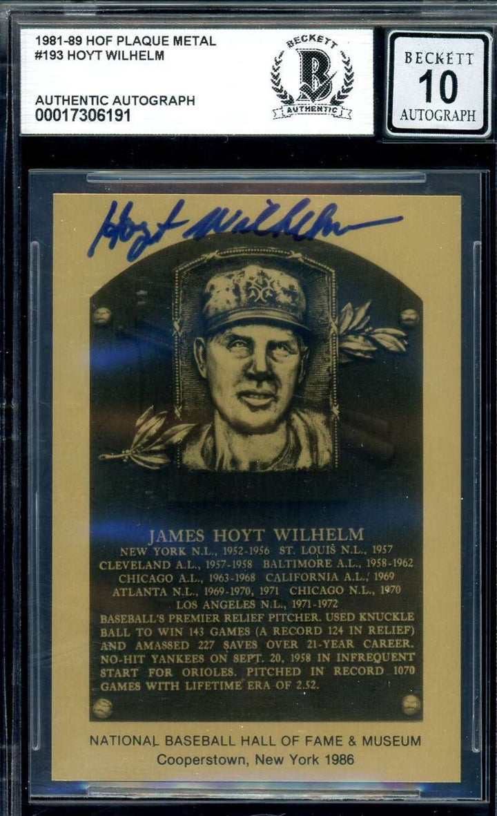 Hoyt Wilhelm Gem Mint 10 Beckett BAS Signed 1981Metallic Hall Of Fame Plaque