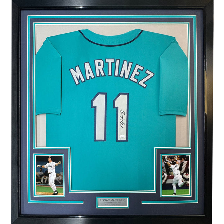 Framed Autographed/Signed Edgar Martinez 35x39 Seattle Teal Jersey JSA COA