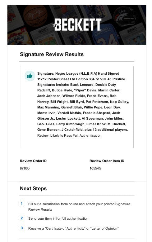 Negro League (N.L.B.P.A) Signed 1990 Reunion 11x17 Poster Sheet 43 Sigs- Beckett