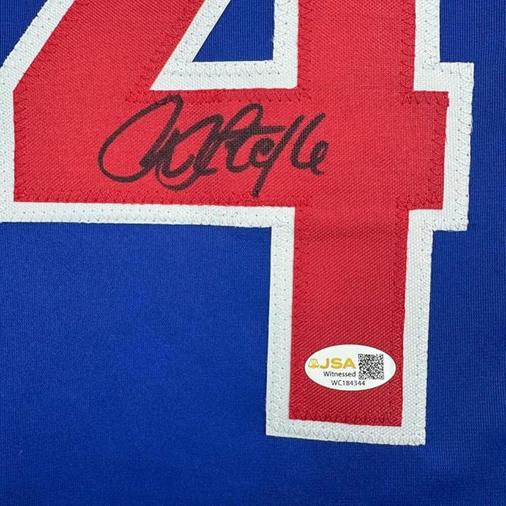 Framed Autographed/Signed Rick Sutcliffe 35x39 Chicago Blue Jersey Beckett COA