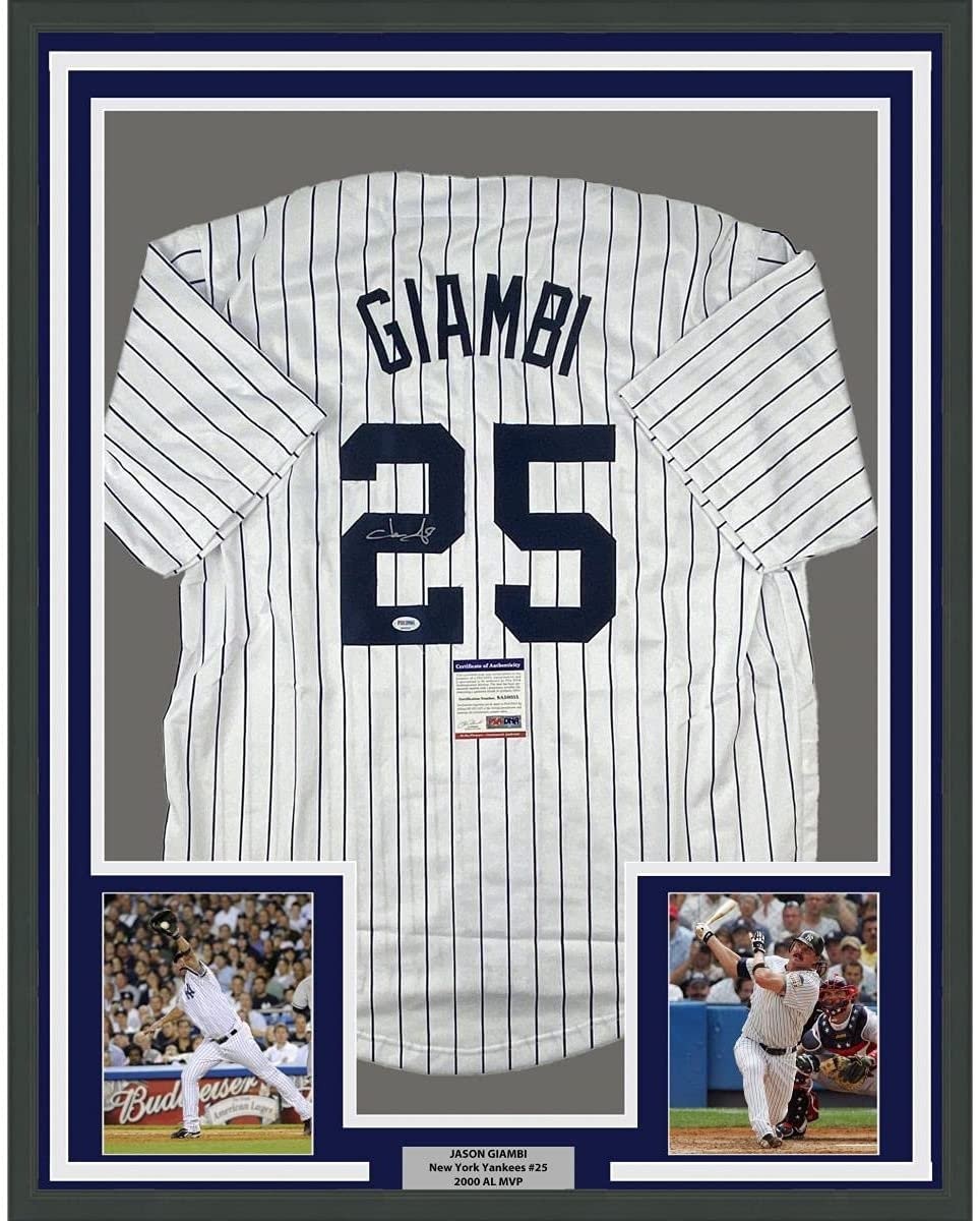 FRAMED Autographed/Signed JASON GIAMBI 33x42 Pinstripe Jersey PSA COA