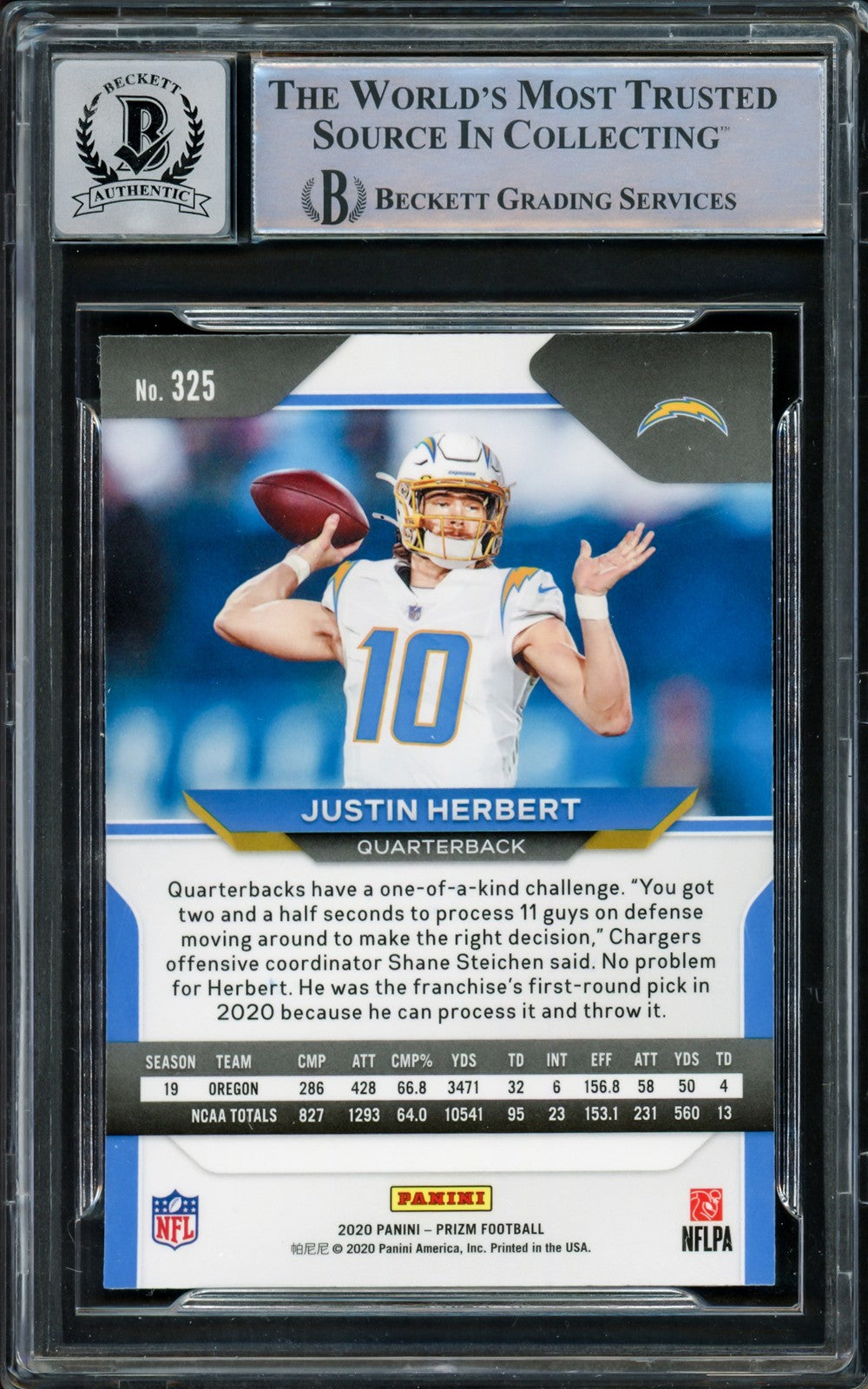 Justin Herbert Auto 2020 Panini Prizm RC 325 Chargers Sig 10 20 NFL OROY Beckett
