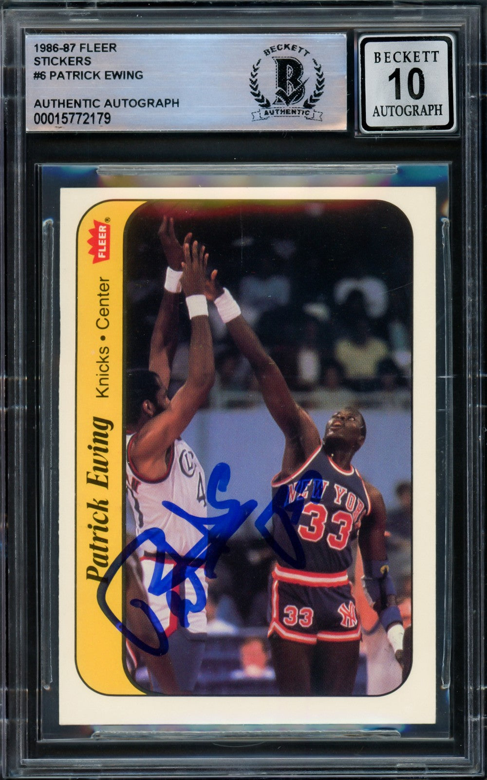 Patrick Ewing Auto Signed 1986-87 Fleer Sticker RC 6 Knicks Auto GM 10 Beckett