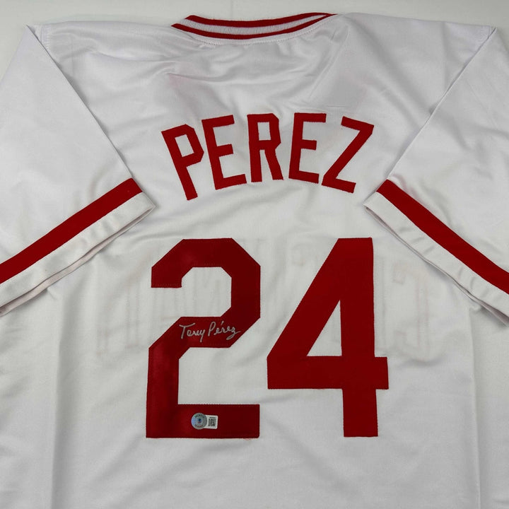 Autographed/Signed Tony Perez Cincinnati White Jersey Beckett BAS COA