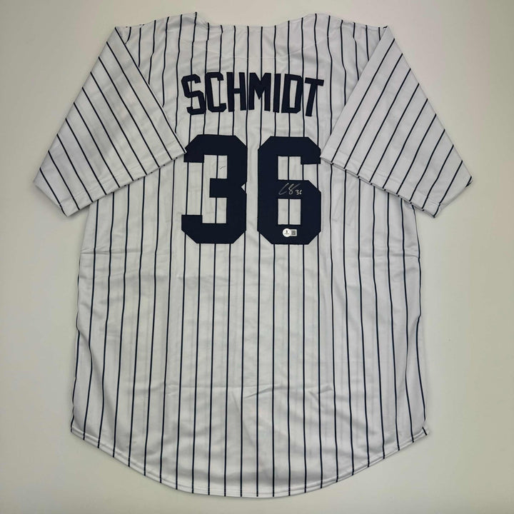 Autographed/Signed Clarke Schmidt New York Pinstripe Jersey BAS COA
