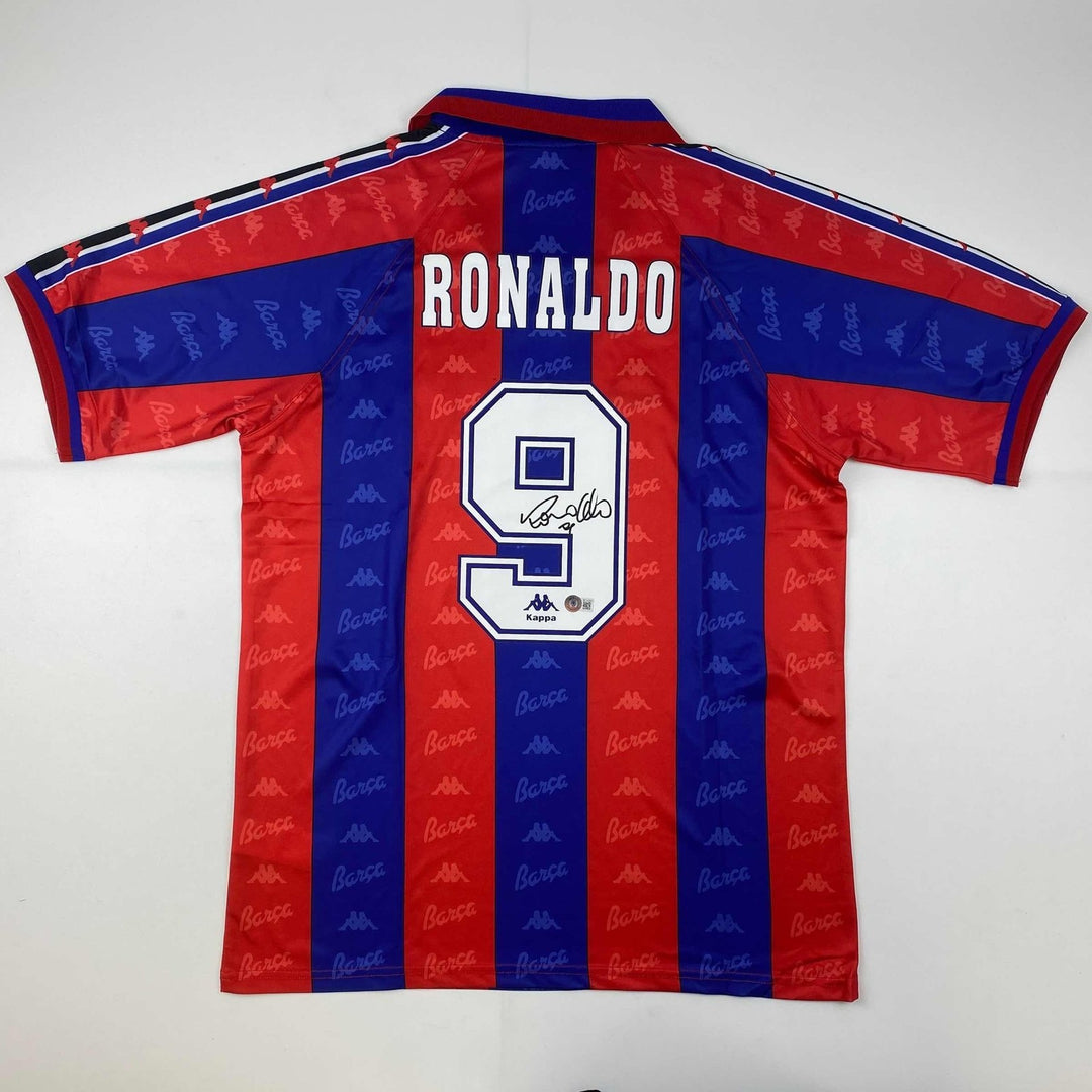 Autographed/Signed Ronaldo Nazario FC Barcelona Red/Blue Jersey Beckett COA