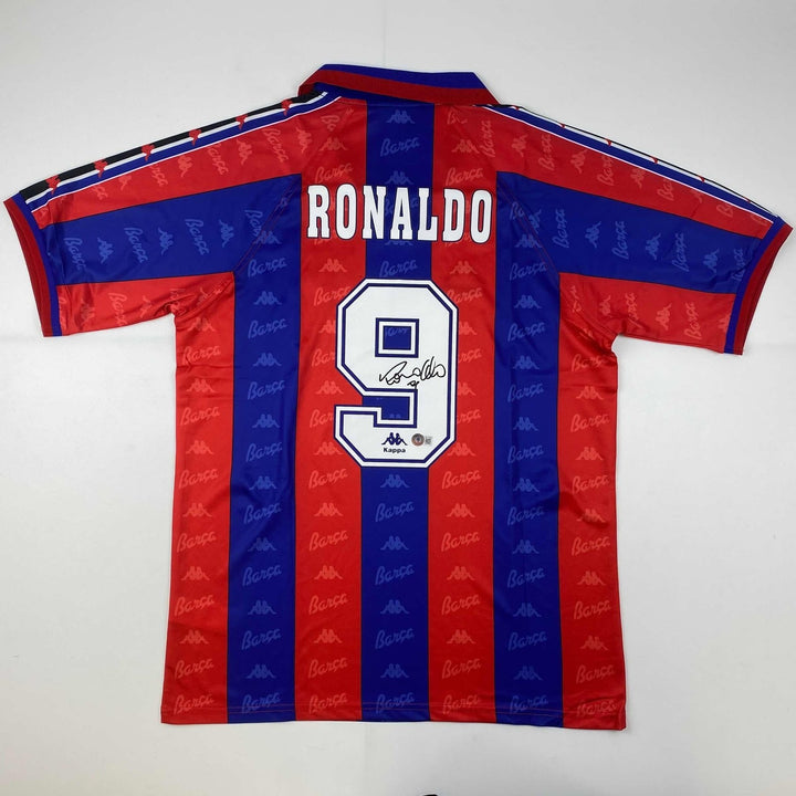 Autographed/Signed Ronaldo Nazario FC Barcelona Red/Blue Jersey Beckett COA
