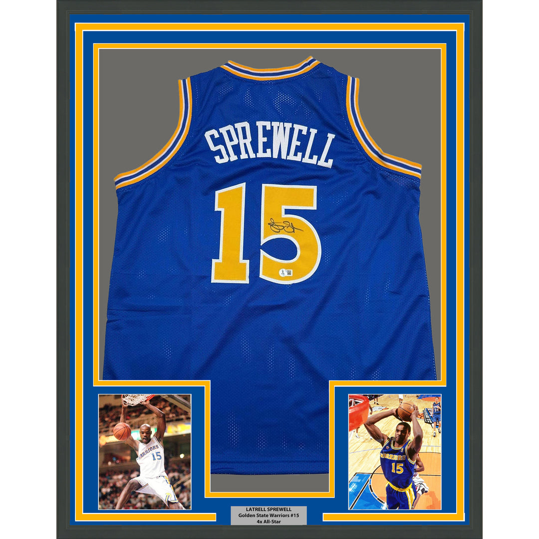 Framed Autographed/Signed Latrell Sprewell 35x39 Golden State Jersey BAS COA