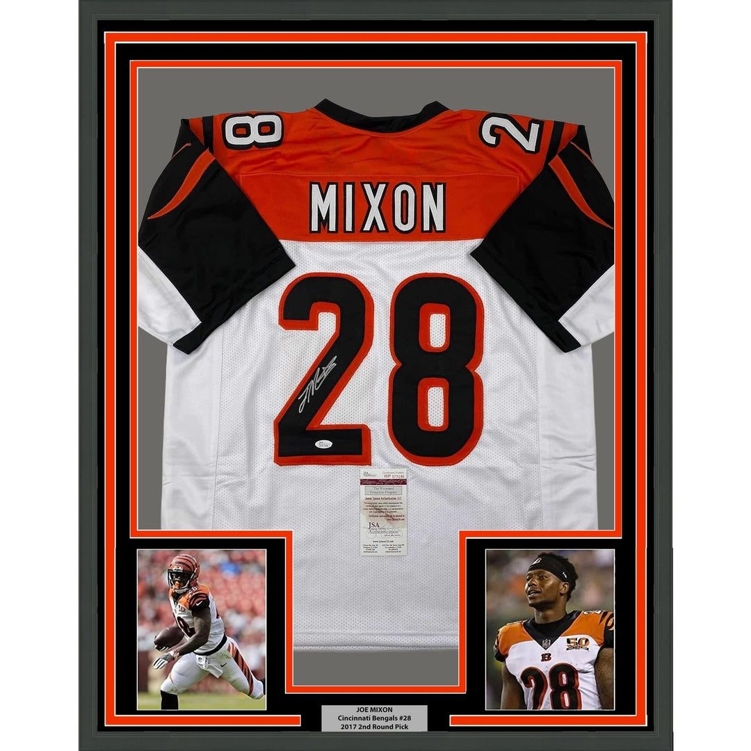 Framed Autographed/Signed Joe Mixon 35x39 Cincinnati White Jersey JSA COA