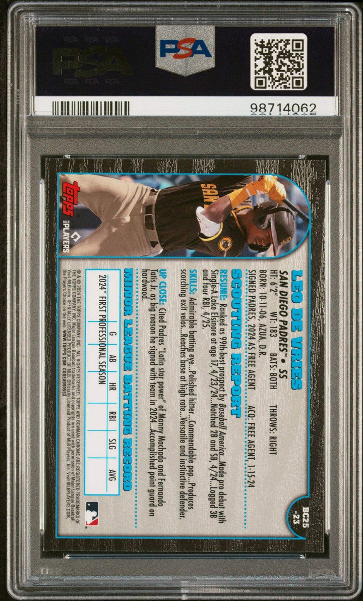 Graded 2024 Bowman Chrome Leo De Vries #23 1999 Rookie RC Baseball Card PSA 10