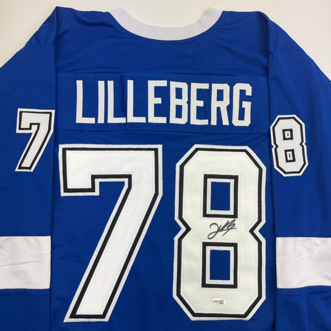 Autographed/Signed Emil Lilleberg Tampa Bay Blue Hockey Jersey JSA COA