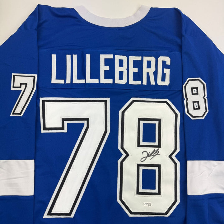 Autographed/Signed Emil Lilleberg Tampa Bay Blue Hockey Jersey JSA COA