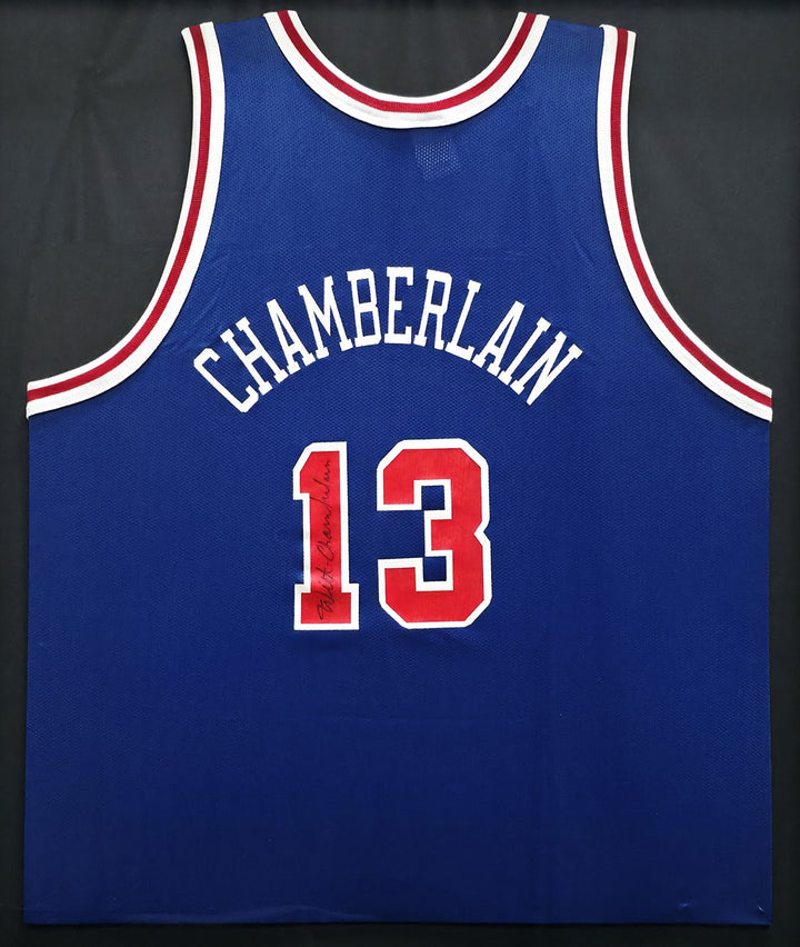 Philadelphia 76ers Wilt Chamberlain Autographed Framed Blue Jersey JSA #ZZ13989