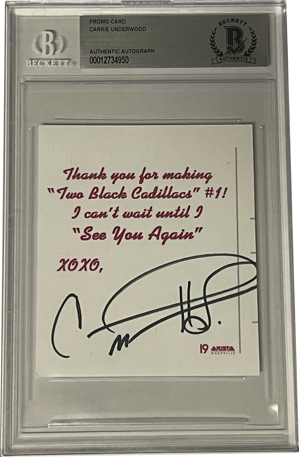 Carrie Underwood signed Two Black Cadillacs #1 Thank You Cut- BAS/Beckett Encap